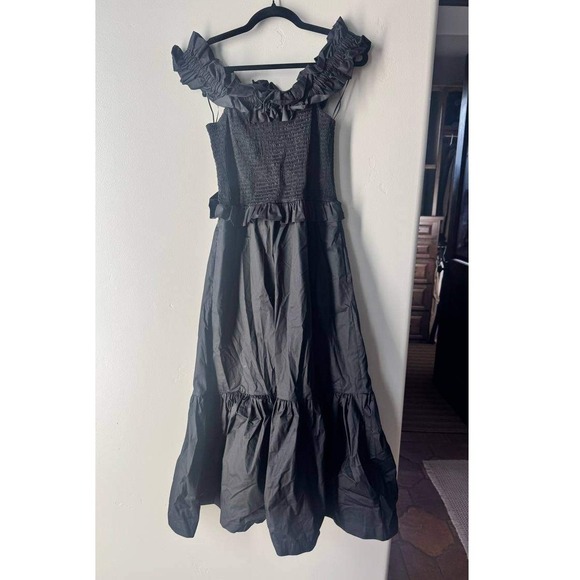 Caroline Constas Black Smocked Poplin Ruffle Tiered Off the Shoulder Dress M - Picture 2 of 7
